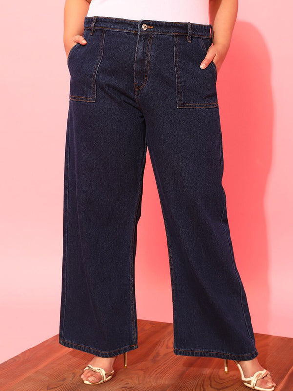 CURVY STREET Women Plus Size Blue Wide Leg Pure Cotton Jeans