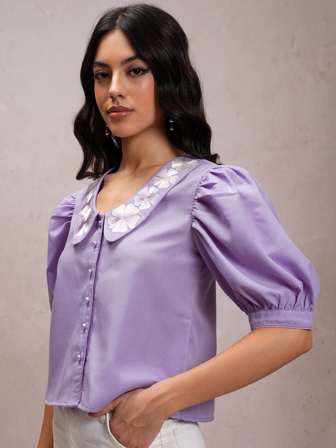 Tokyo Talkies Club Collar Puff Sleeves Casual Shirt