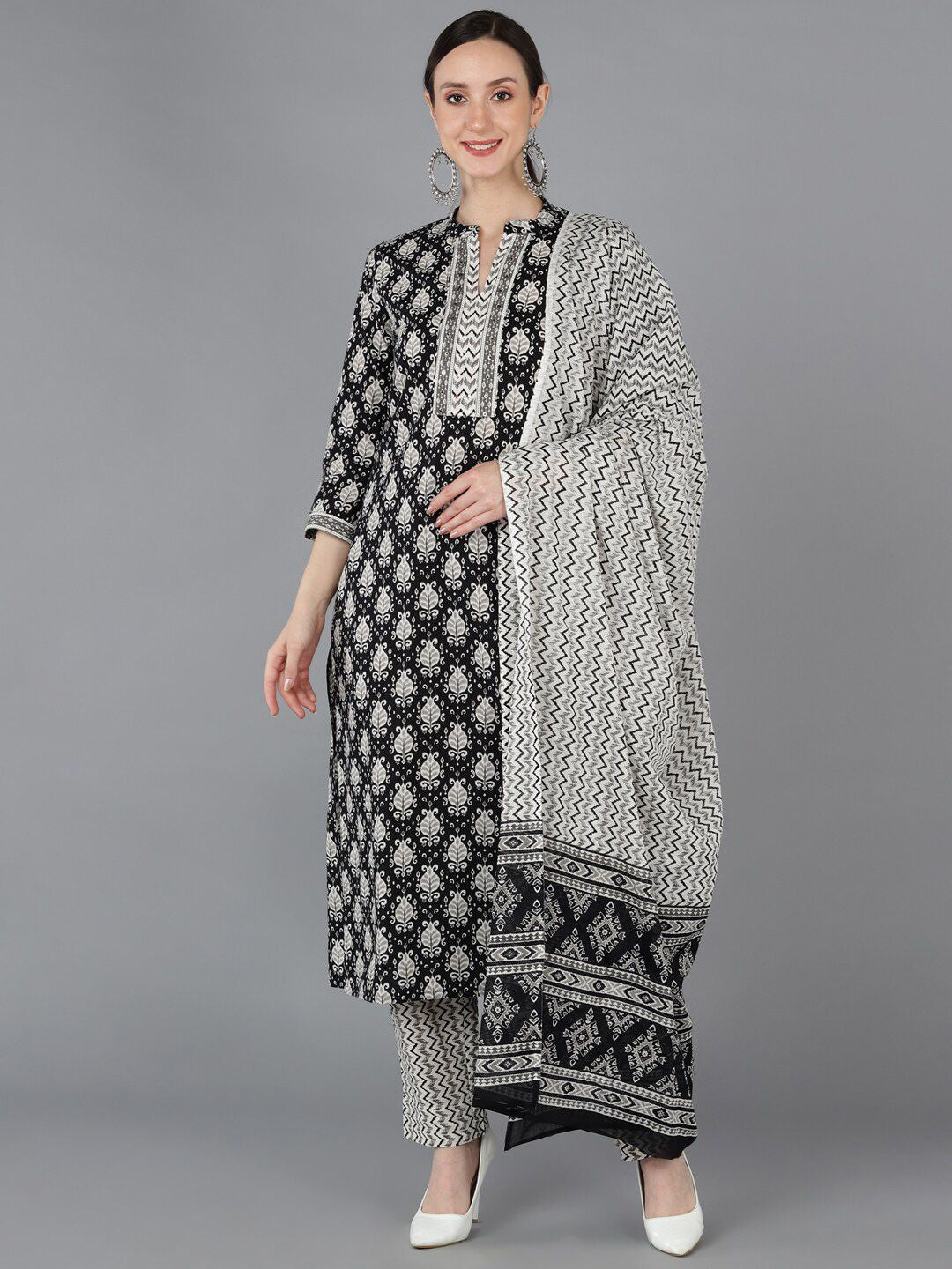 KALINI Ethnic Motifs Printed Mandarin Collar Kurta with Trousers & Dupatta