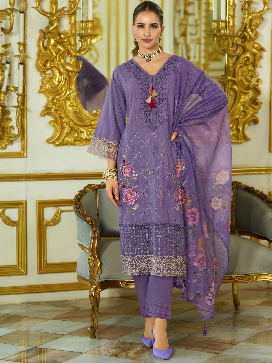 Varanga Nazrana Floral Thread Embroidered Schiffli Orangza Lace Kurta Trouser & Dupatta