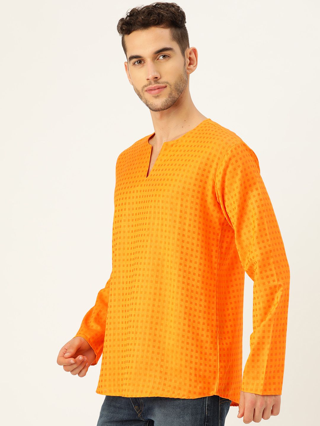 SOJANYA Men Mustard yellow & Orange Woven Design Straight Kurta