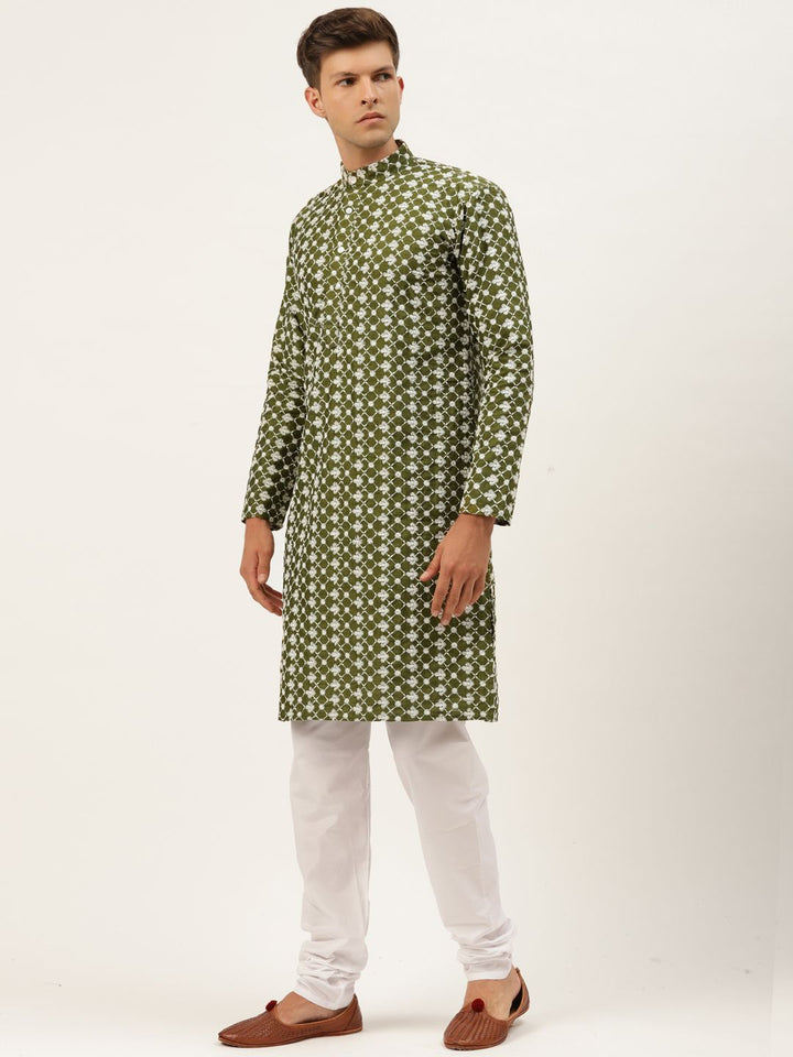 SOJANYA Men Green Ethnic Motifs Embroidered Thread Work Kurta with Churidar