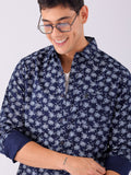 Garage CO Indian Lelaki Tentera Laut Biru & Putih Bercetak Pure Cotton Casual Shirt