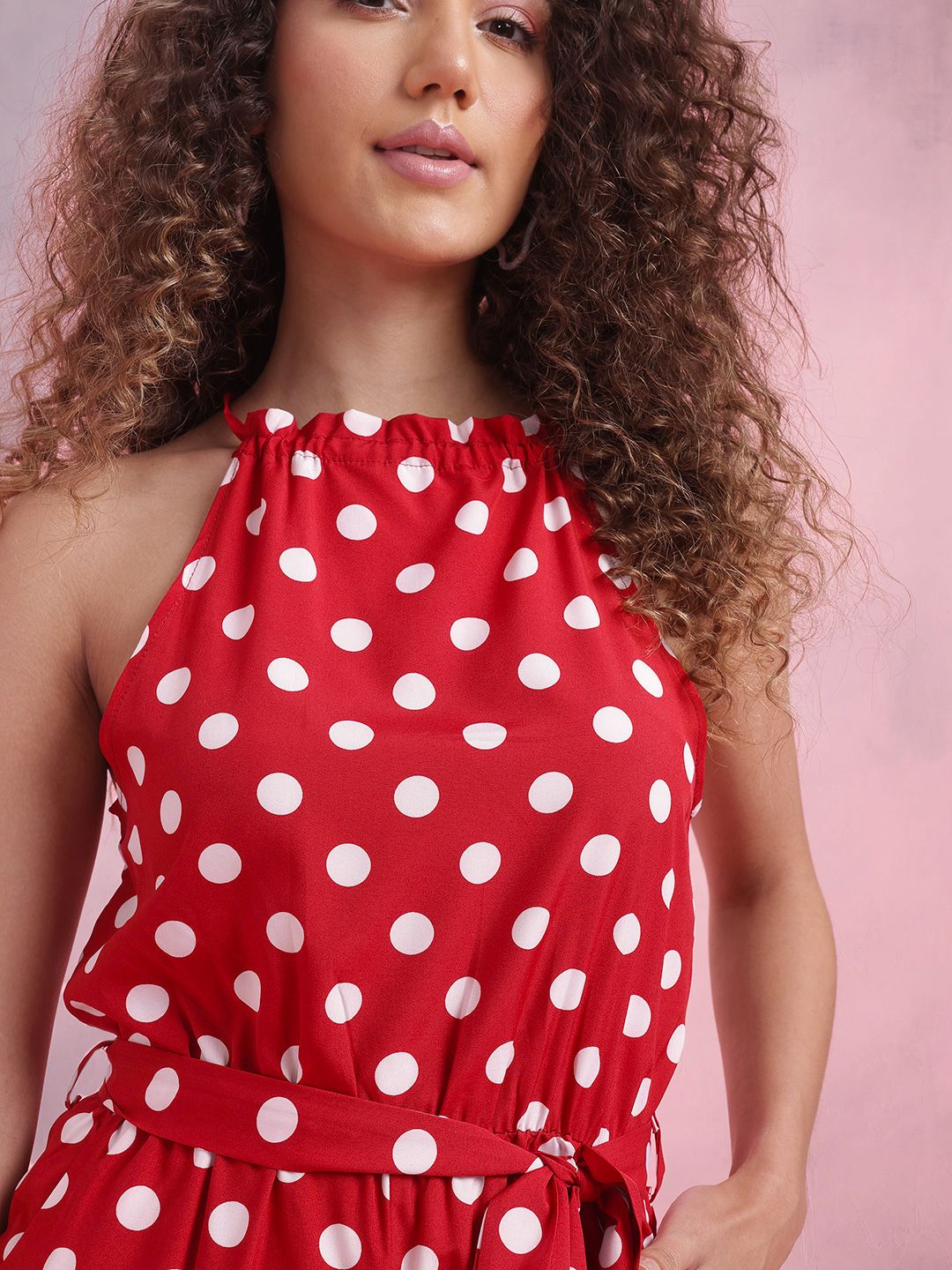 DressBerry Polka Dots Print Basic Jumpsuit with Belt