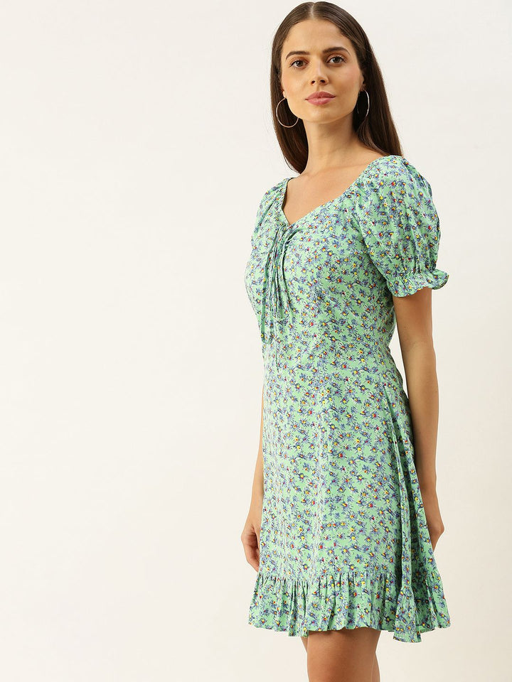 Berrylush Women Green & Blue Floral Printed A-Line Dress with Tie-Up Detail