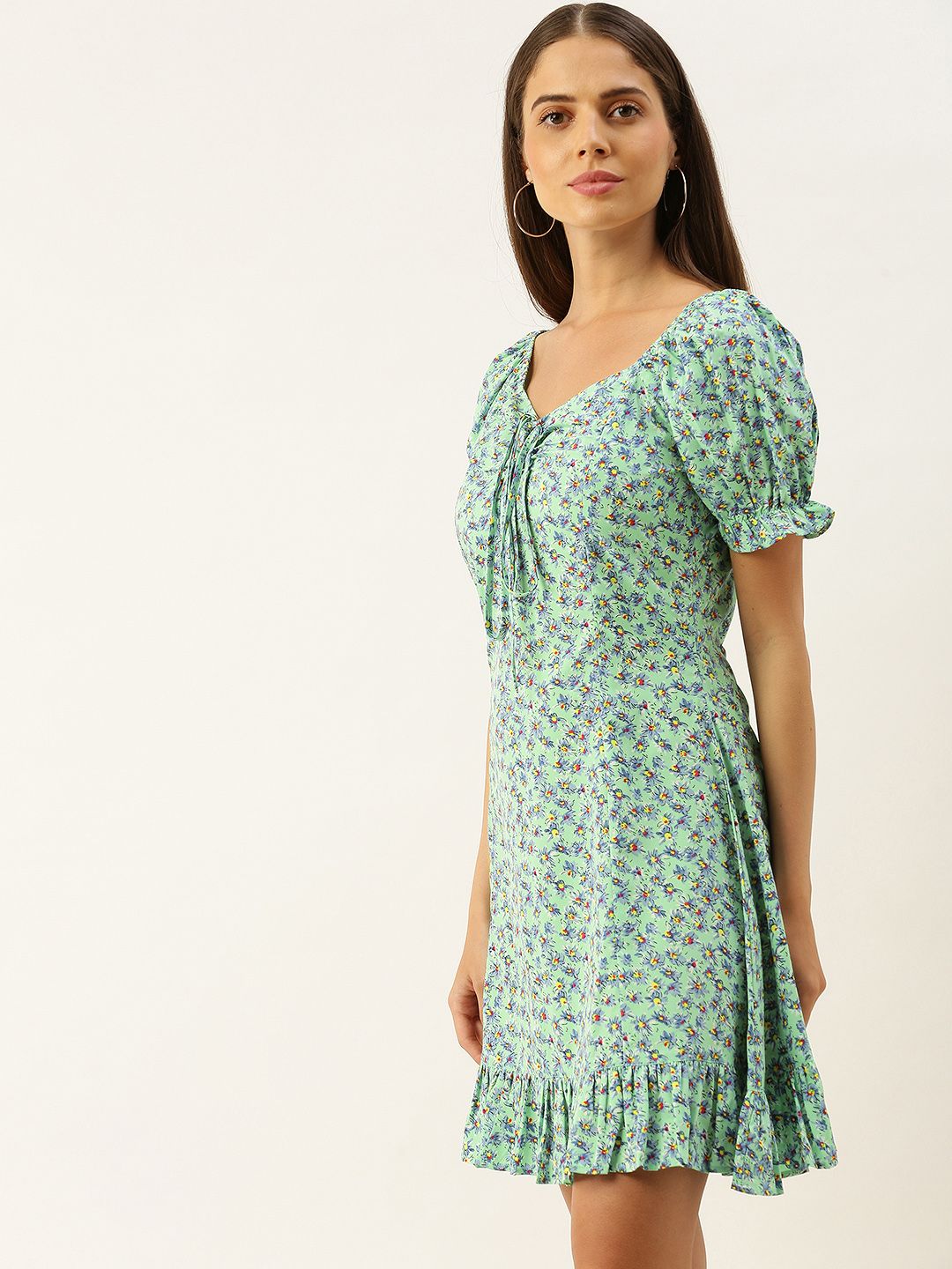 Berrylush Women Green & Blue Floral Printed A-Line Dress with Tie-Up Detail