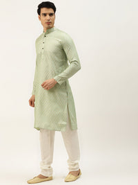 SOJANYA Men Green & Maroon Ethnic Motifs Kurta with Churidar & Nehru Jacket