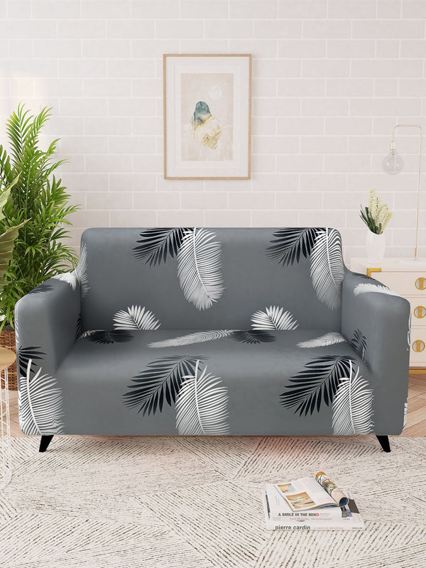 Story@home Grey & White Printed 2 Seater Stretchable Sofa Cover With Arms