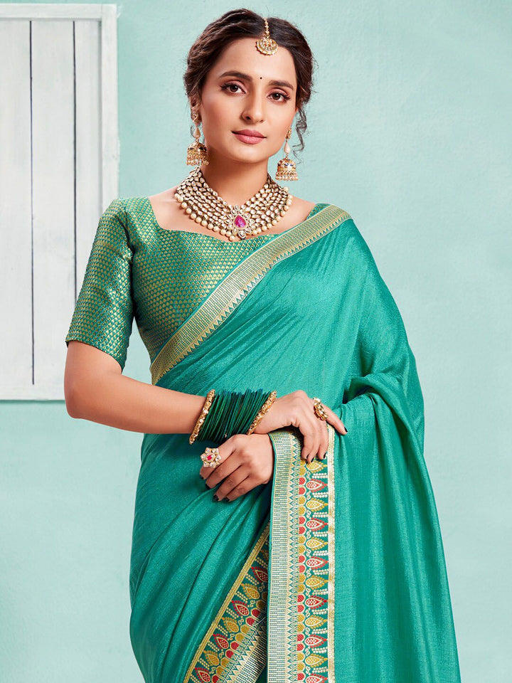 Saree mall Sea Green & Red Woven Design Zari Sarees