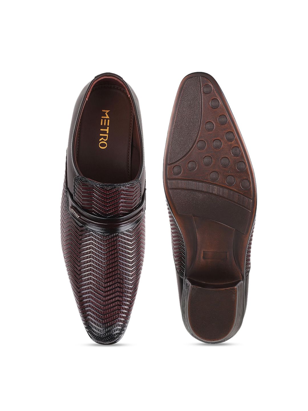 Metro Men Maroon Textured Leather Formal Slip-Ons