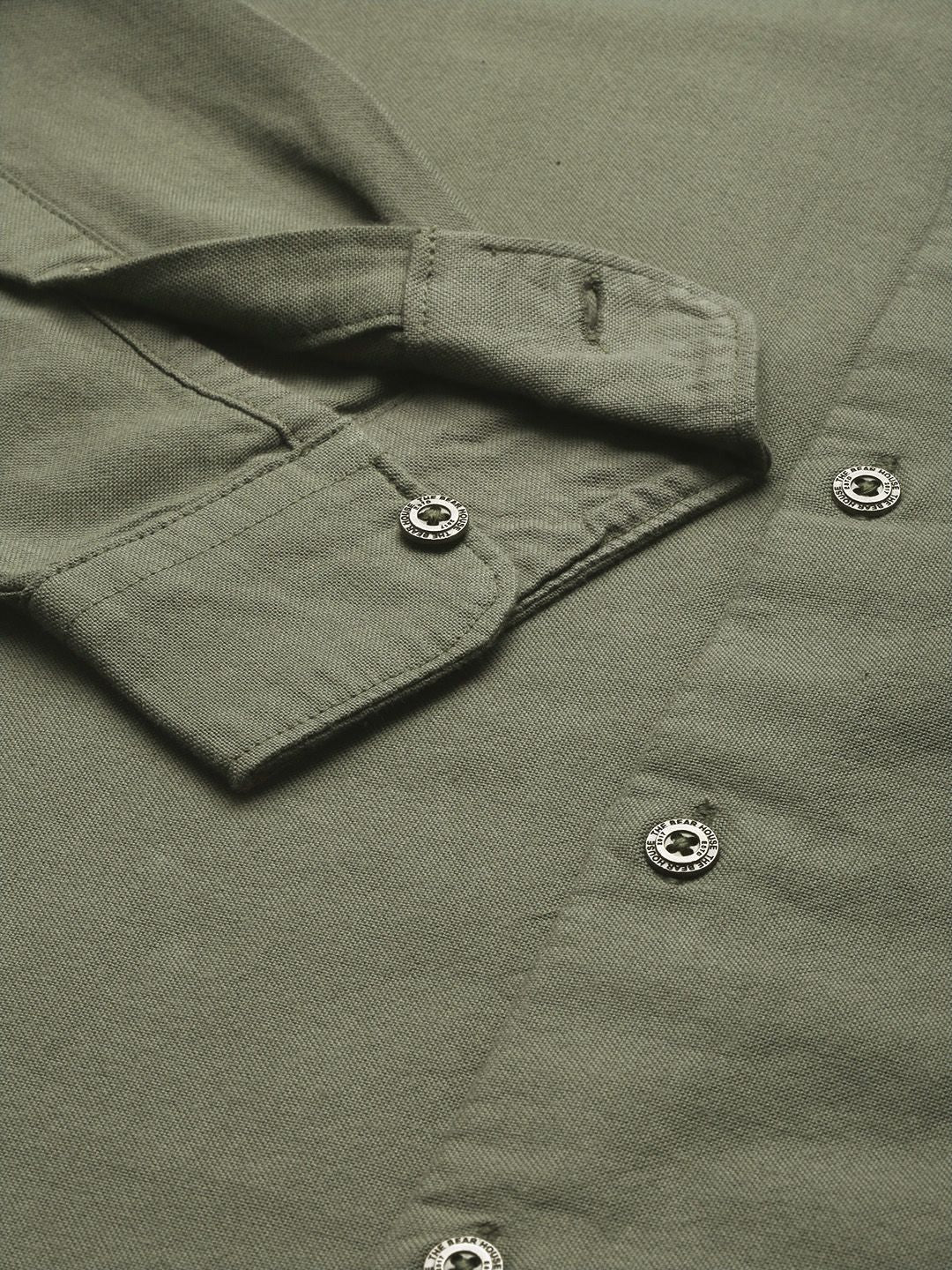 THE BEAR HOUSE Men Olive Green Solid Slim Fit Cotton Casual Shirt