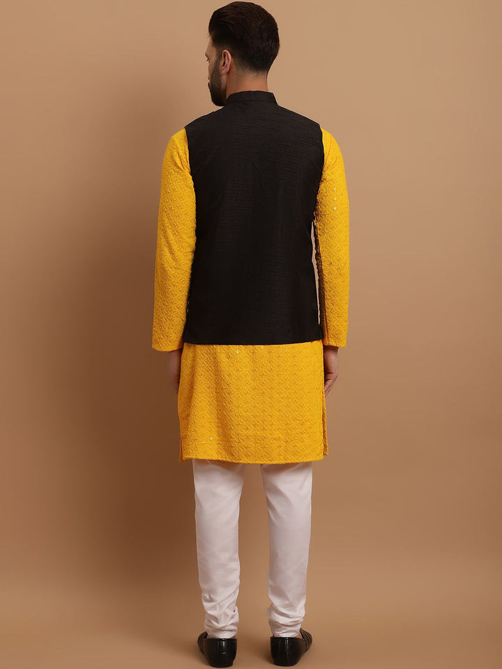 SOJANYA Ethnic Embroidered Sequinned Pure Cotton Kurta & Churidar With Nehru Jacket