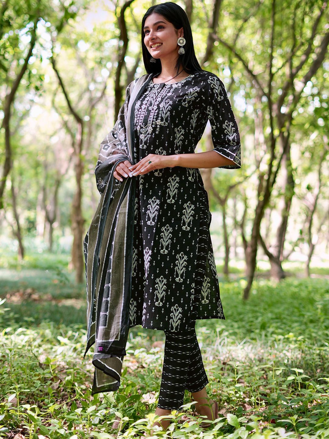 Libas Floral Printed Regular Mirror Work Pure Cotton Kurta With Trousers & Dupatta