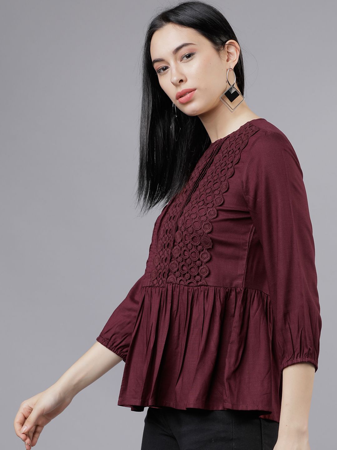 Tokyo Talkies Burgundy Lace Inserts Peplum Top