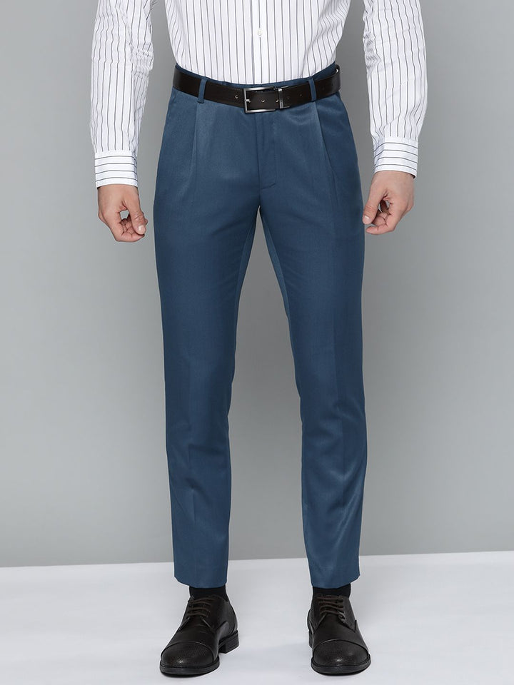 DENNISON Men Teal Blue Smart Tapered Fit Pleated Trousers