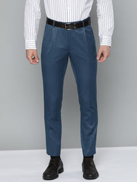 DENNISON Men Teal Blue Smart Tapered Fit Pleated Trousers