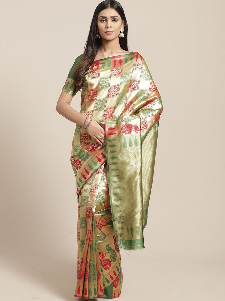 Saree mall Red & Green Woven Design Silk Blend Sarees