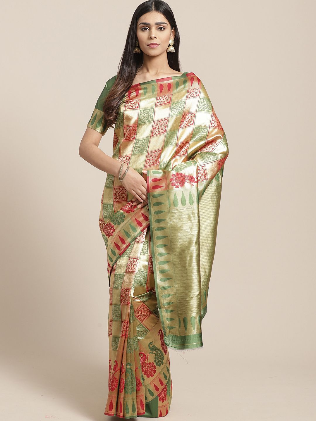 Saree mall Red & Green Woven Design Silk Blend Sarees