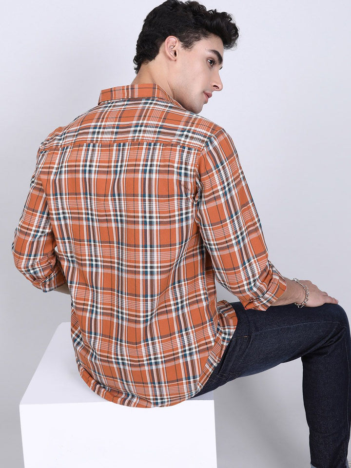 The Indian Garage Co Men Orange & Teal Blue Slim Fit Checked Casual Shirt