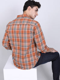 The Indian Garage Co Men Orange & Teal Blue Slim Fit Checked Casual Shirt