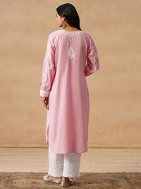 House of Chikankari Women Solid Pink Cotton Kurta