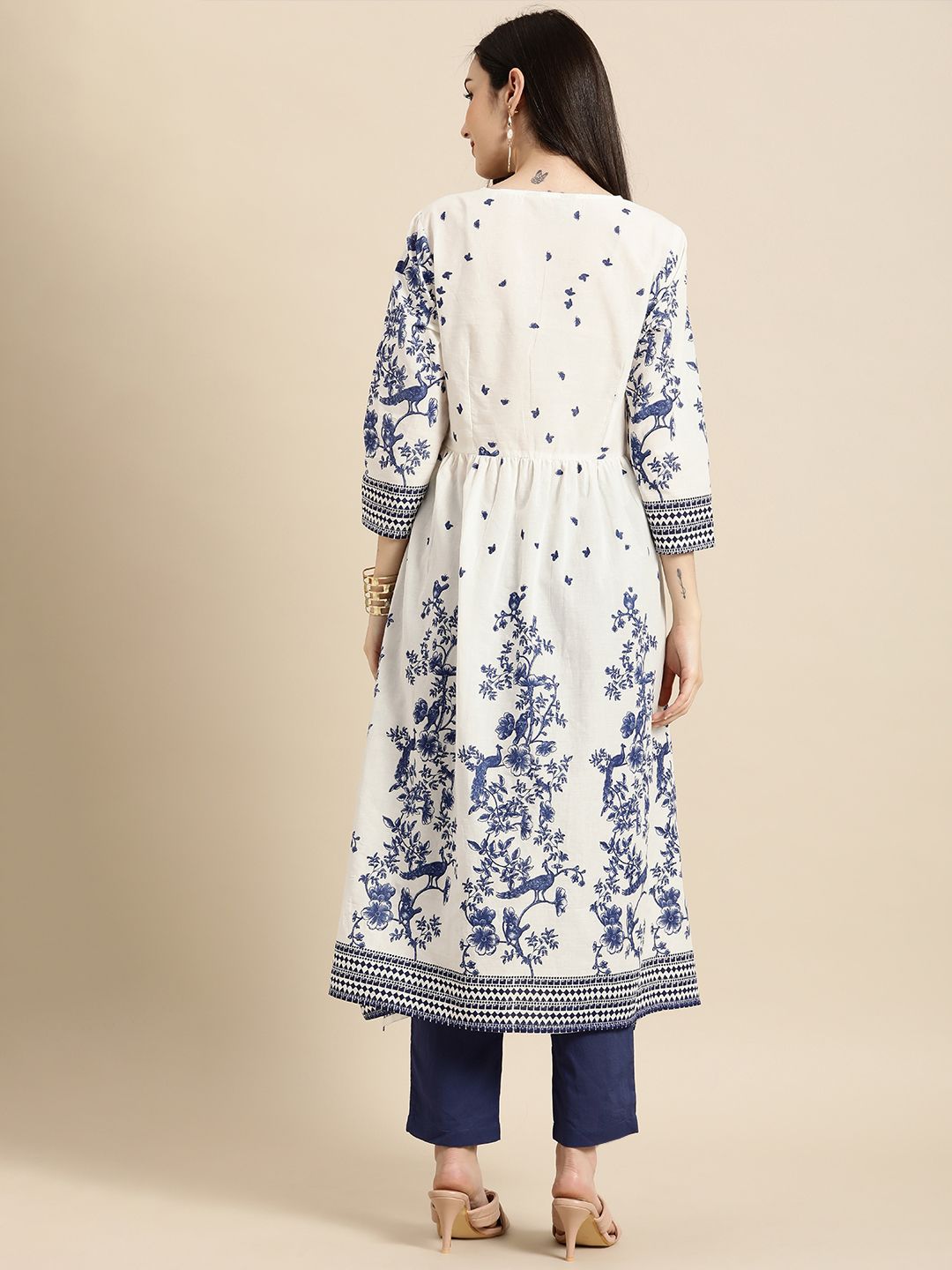 Anouk Women White Ethnic Motifs Printed Pleated Pure Cotton Kurta with Trousers
