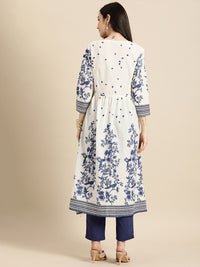 Anouk Women White Ethnic Motifs Printed Pleated Pure Cotton Kurta with Trousers