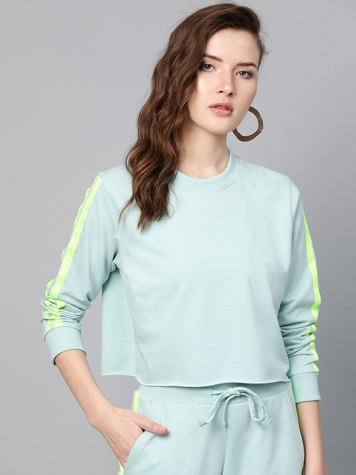 SASSAFRAS Women Sea Green Solid Boxy Cropped Sweatshirt