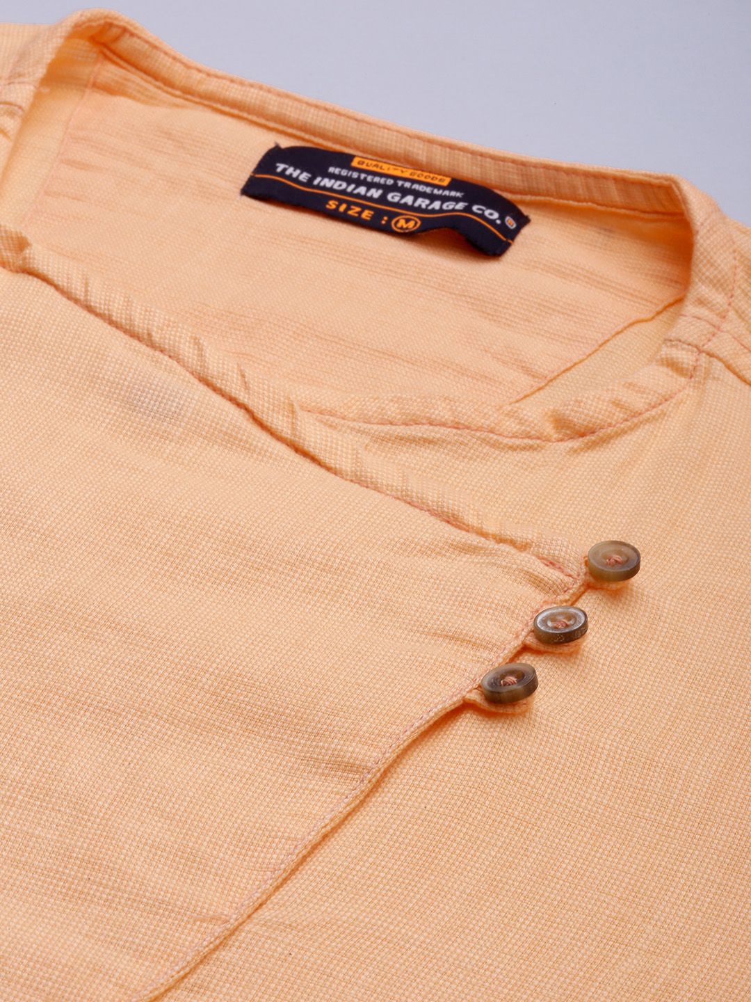 The Indian Garage Co Men Peach-Coloured Solid Angrakha Straight Kurta
