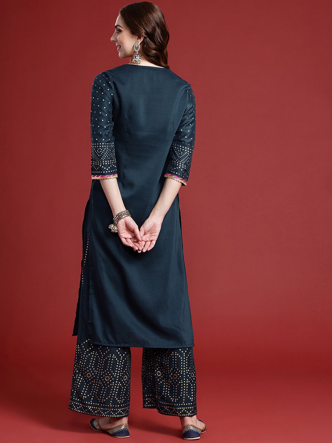 Anouk Ethnic Motifs Printed Tie-Up Neck Regular Gotta Patti Kurta With Palazzos