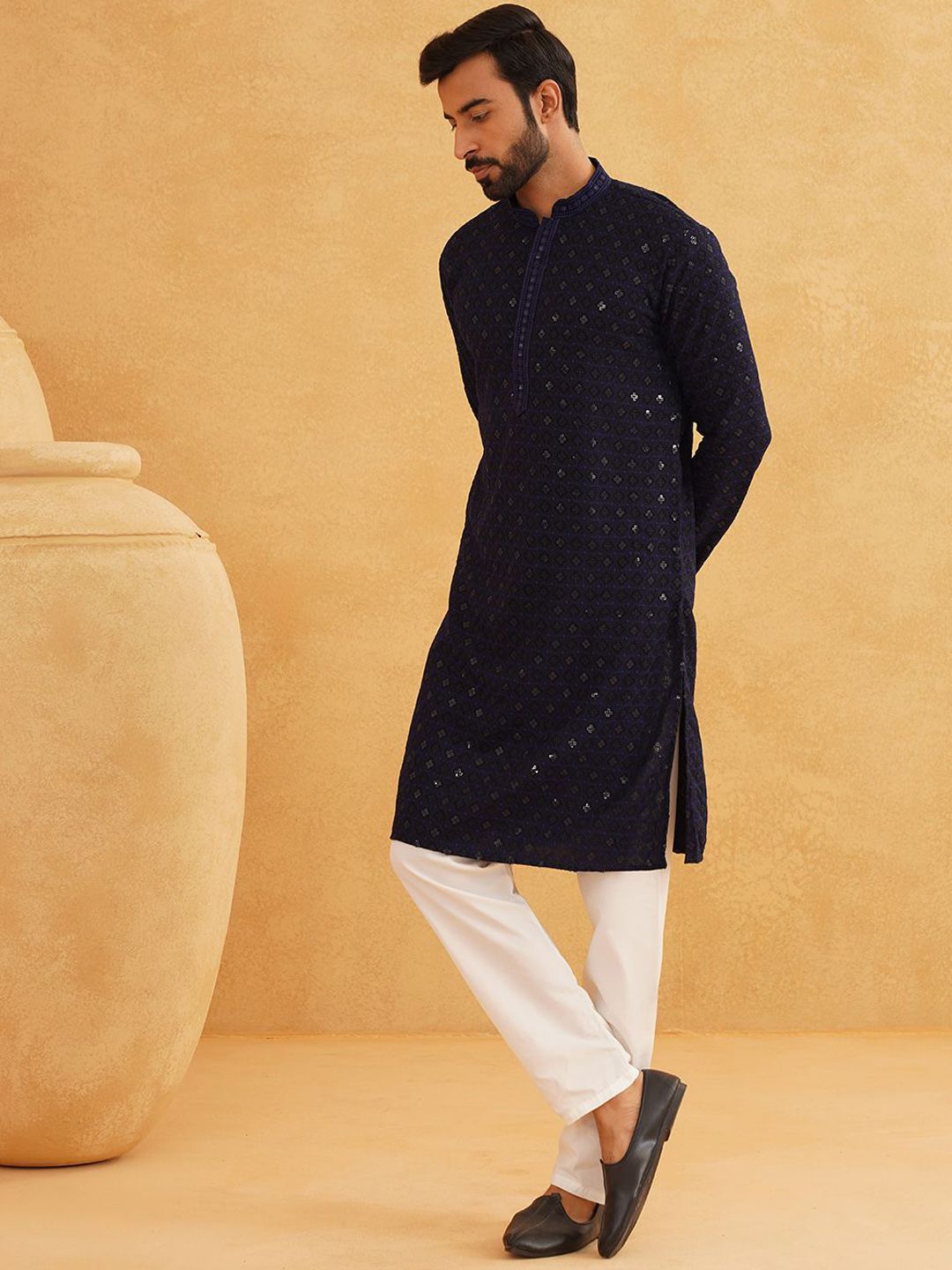 SOJANYA Geometric Embroidered Mandarin Collar Sequinned Pure Cotton Kurta with Churidar