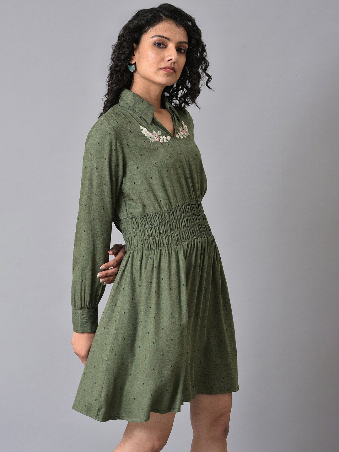 W Green Shirt Collar Polka Dots Printed Embroidered Fit And Flare Dress