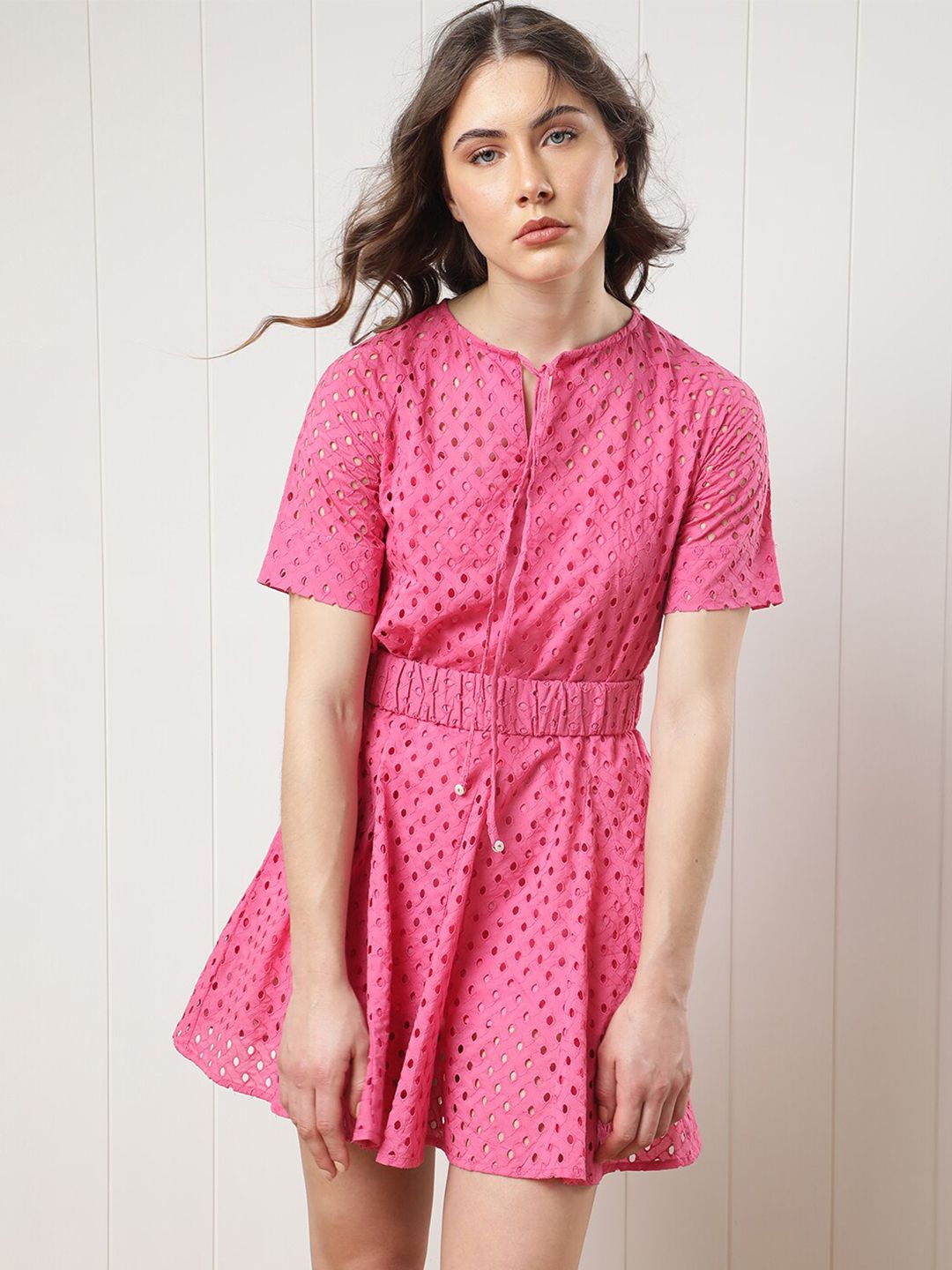 RAREISM Tie-Up Neck Self Design Dress