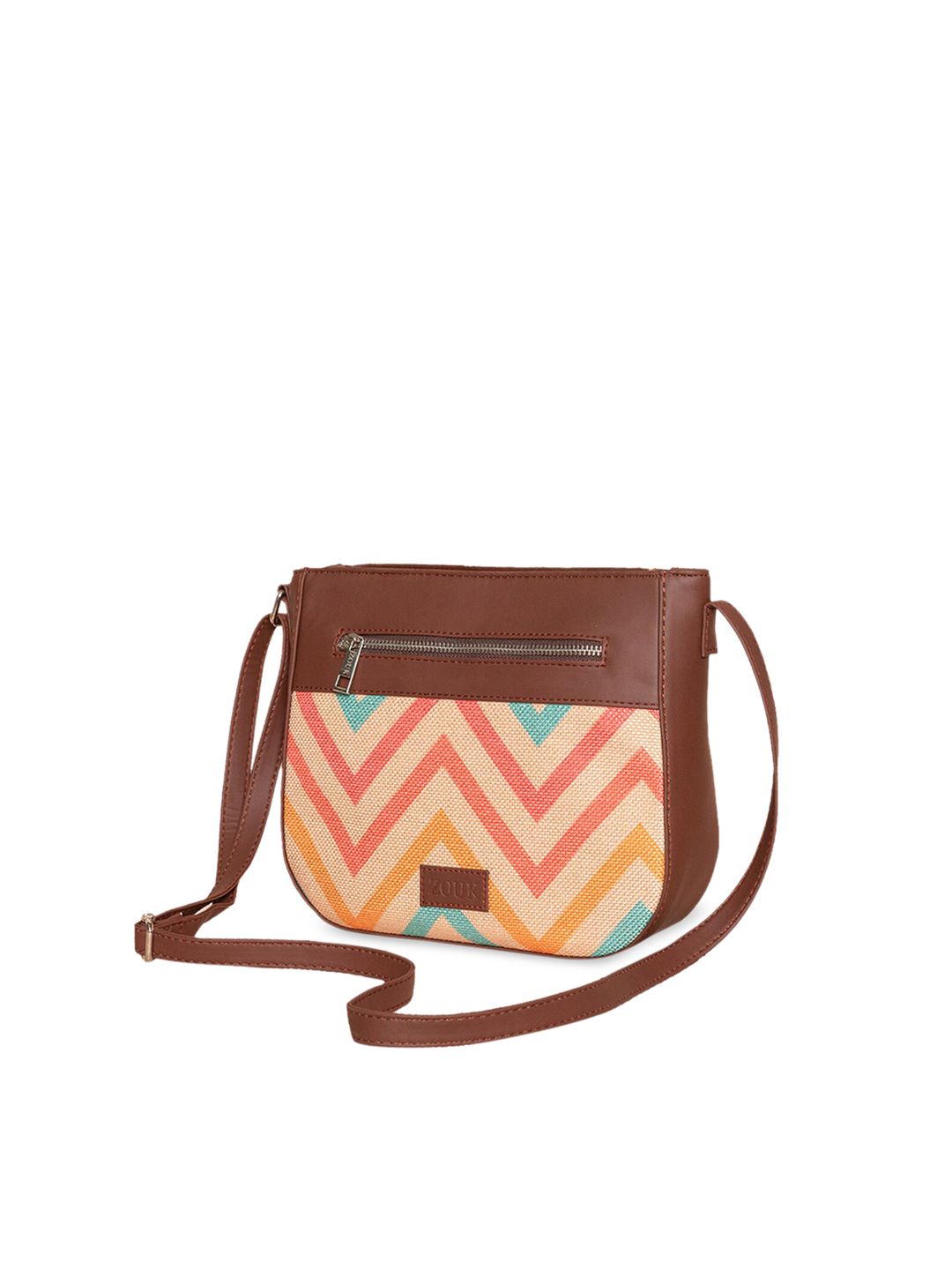 ZOUK Pink Geometric Striped Structured Sling Bag with Quilted