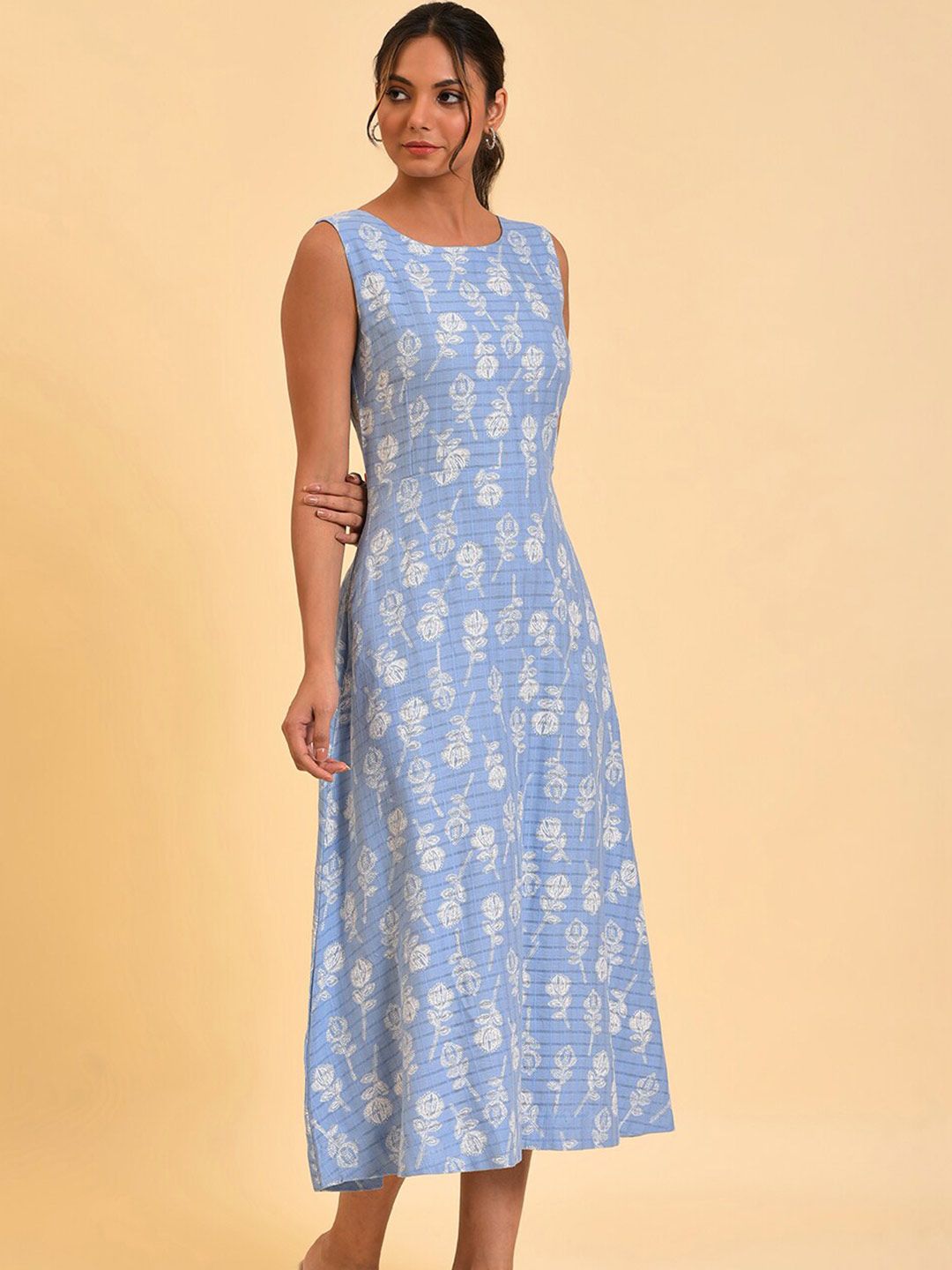 W Blue Floral Printed Pure Cotton A-Line Midi Dress