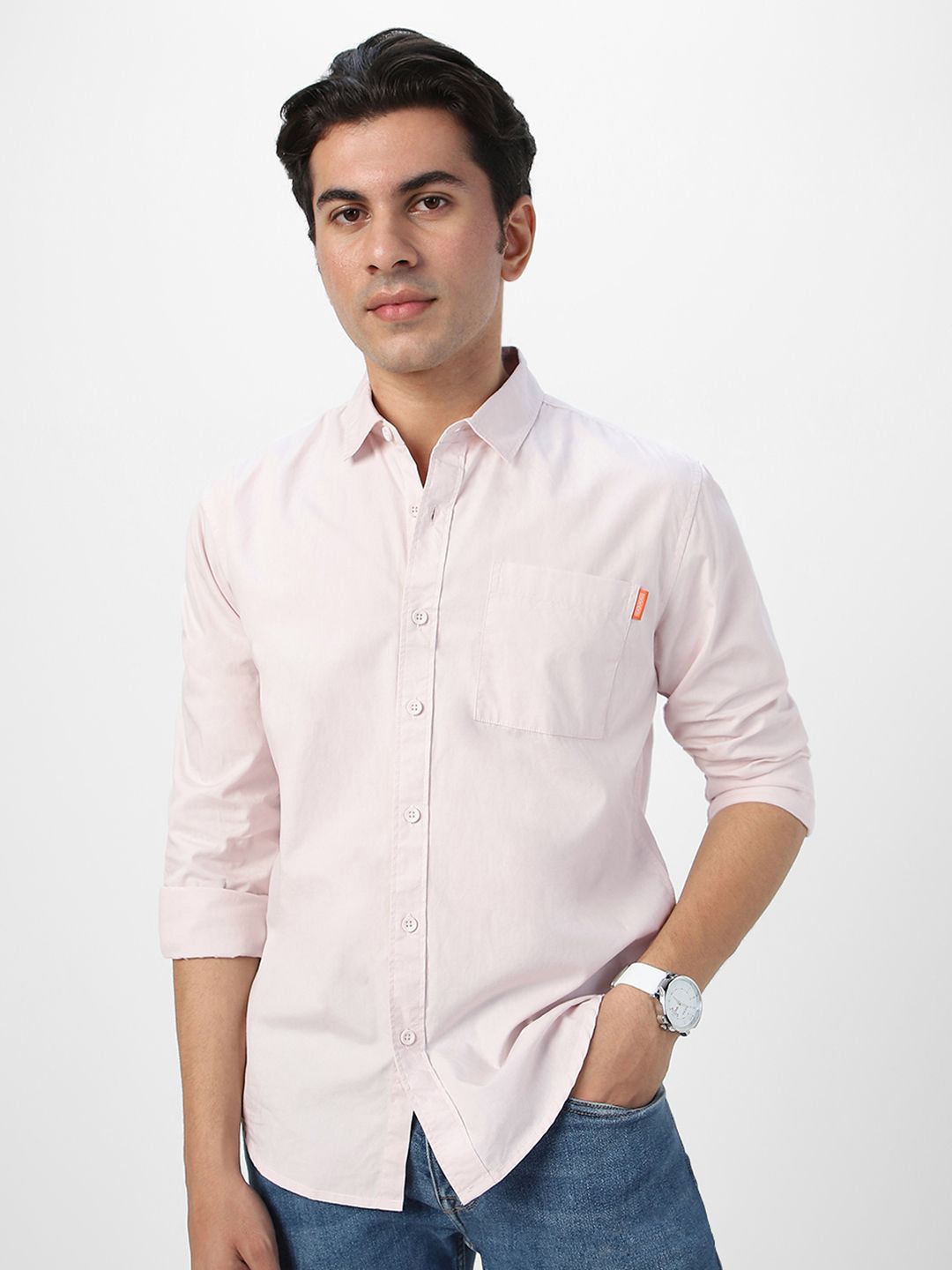 Urbano Fashion Men Spread Collar Solid Cotton Casual Shirt
