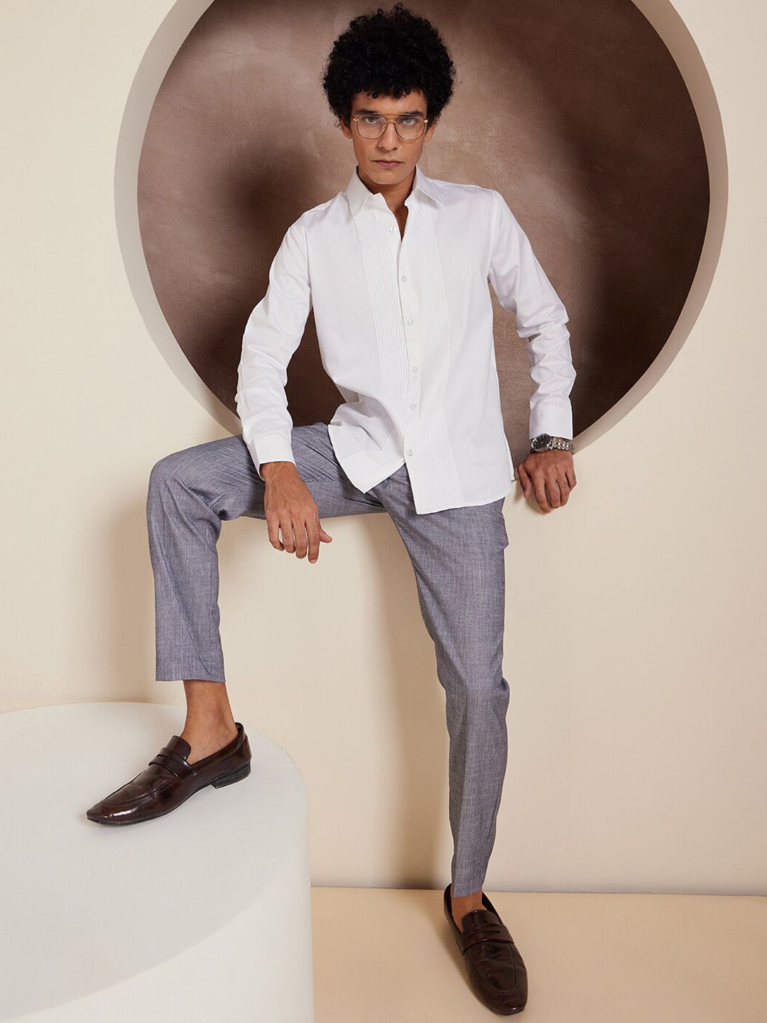 DENNISON Men Striped Smart Tapered Fit Easy Wash Pleated Formal Trousers