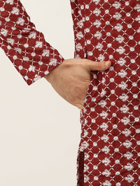 SOJANYA Men Maroon Chikankari Embroidered Kurta with Churidar & Nehru Jacket