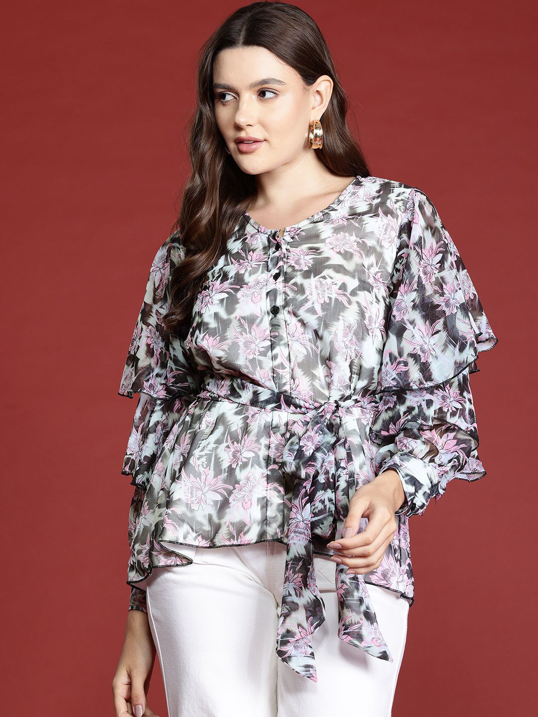 all about you Floral Print Puff Sleeves Ruffles Peplum Top