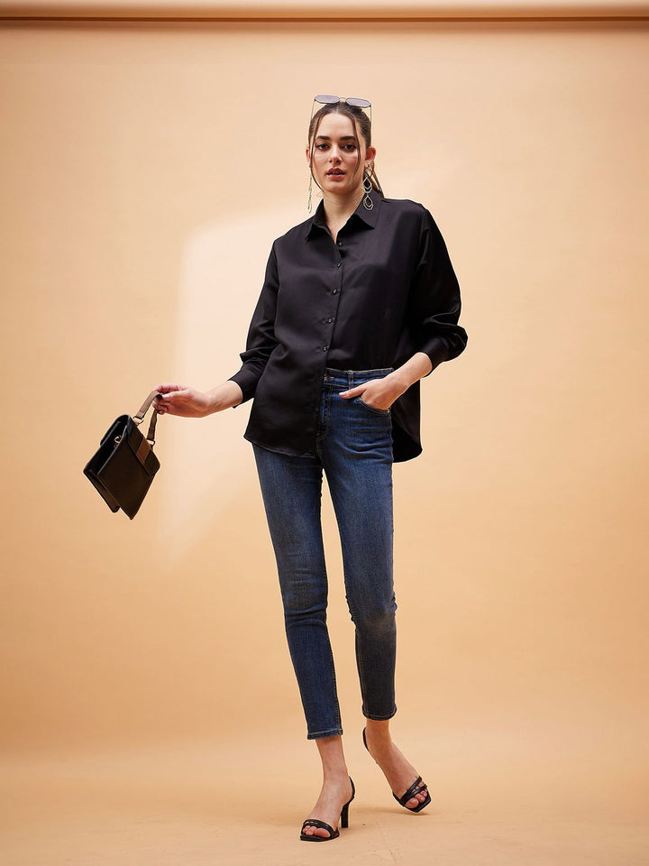 SASSAFRAS BASICS Spread Collar Long Sleeves Satin Comfort Oversized Casual Shirt