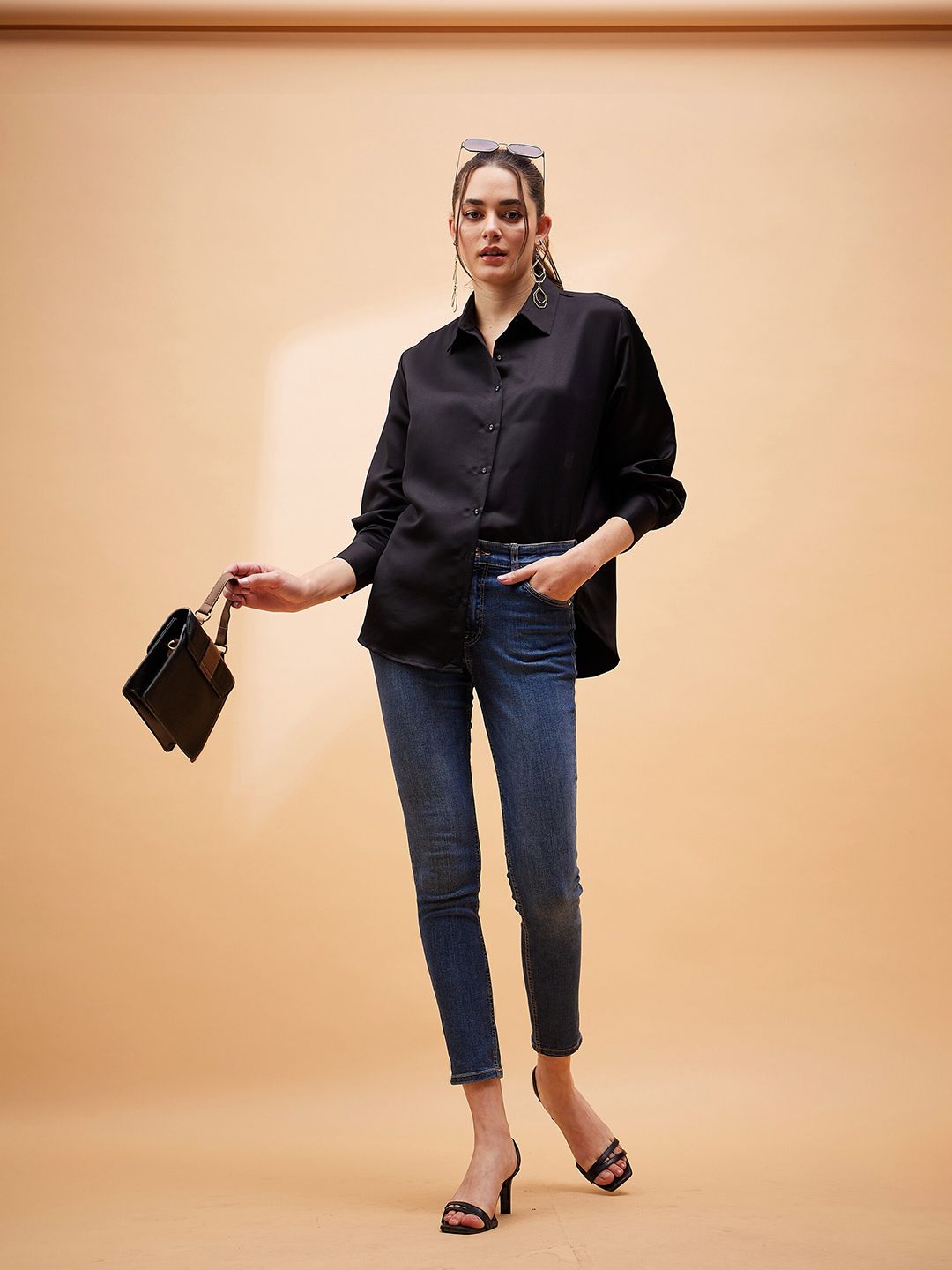 SASSAFRAS BASICS Spread Collar Long Sleeves Satin Comfort Oversized Casual Shirt