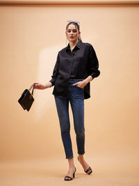 SASSAFRAS BASICS Spread Collar Long Sleeves Satin Comfort Oversized Casual Shirt