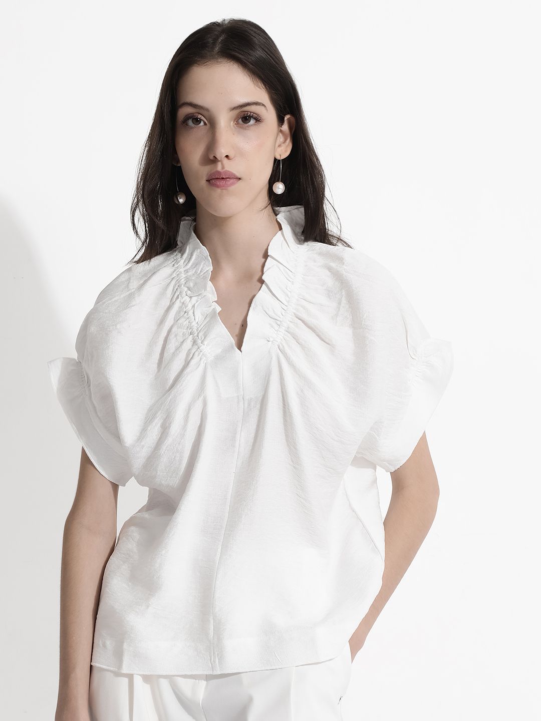 RAREISM Solid V-Neck Extended Sleeves Top