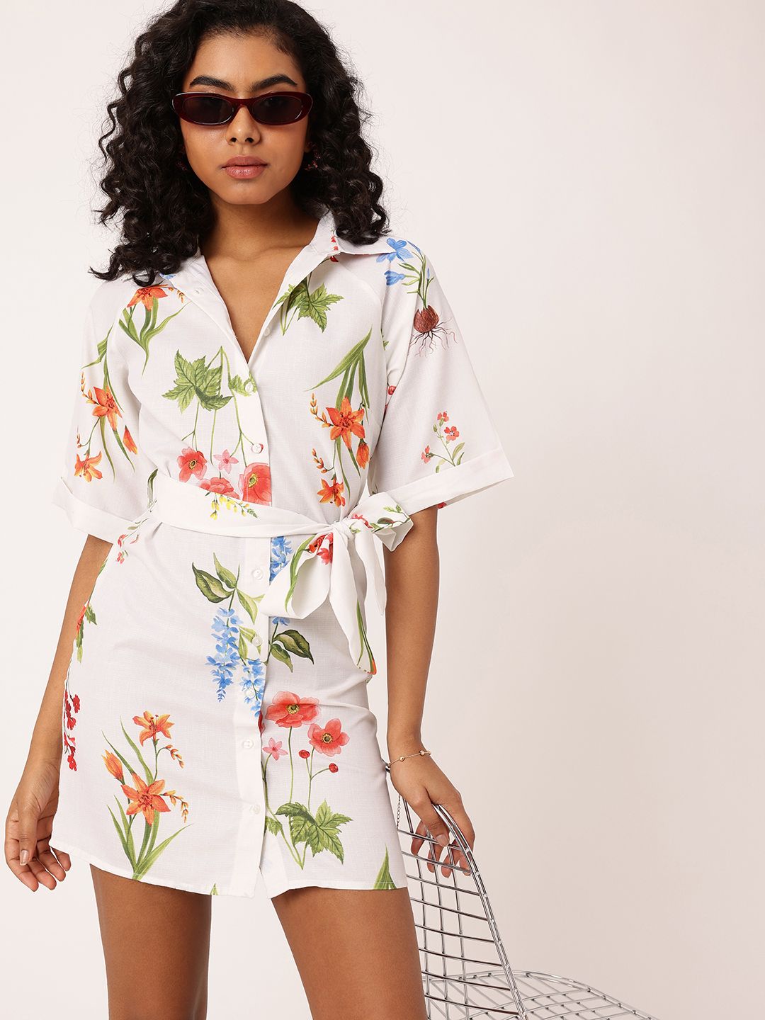 DressBerry Chic Charm Floral Printed Shirt Style Mini Dress With Waist Tie-Up