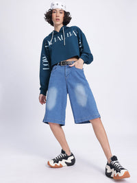 DressBerry Printed Hooded Boxy Crop Sweatshirt