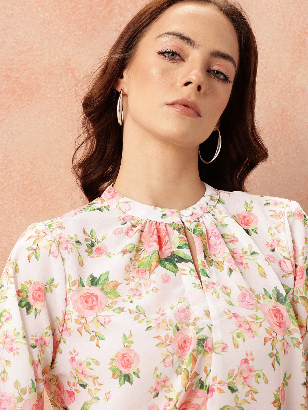 all about you Floral Print Keyhole Neck Puff Sleeves Georgette Semi-Sheer Top