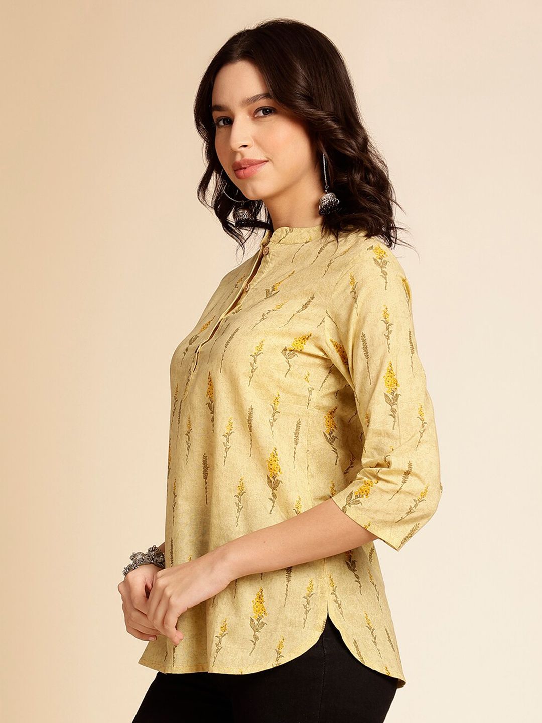 Anouk Mustard Yellow Botanical Printed Mandarin Collar Pure Cotton Short Kurti
