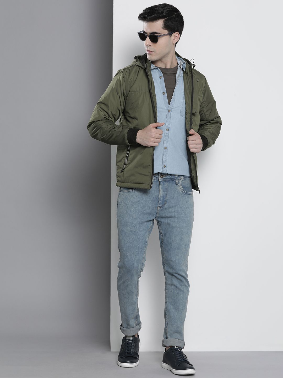 The Indian Garage Co Men Slim Fit Zip-Front Hooded Bomber Jacket
