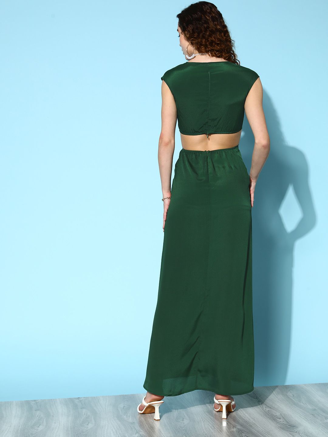 Berrylush Green Satin Twisted A-Line Maxi Dress With Slit Detail