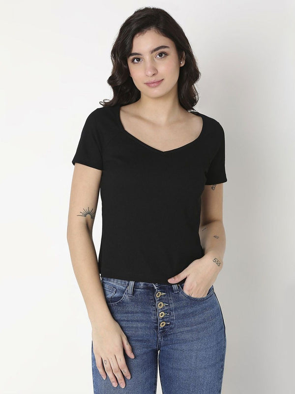 SPYKAR Women Solid V-Neck Cotton Slim Fit T-Shirt